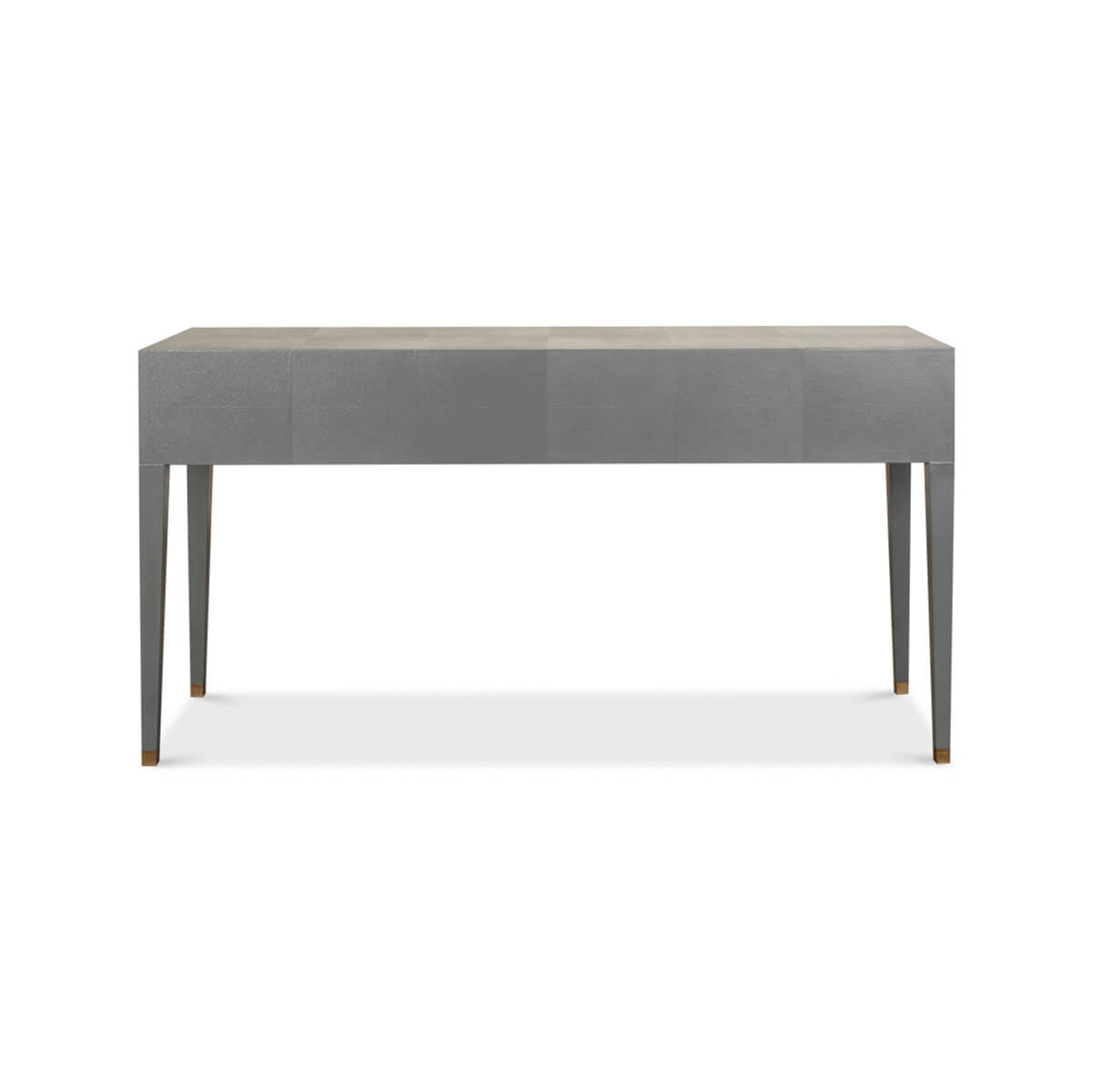 Back view of mid-century leather-wrapped console table.