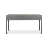 Back view of mid-century leather-wrapped console table.