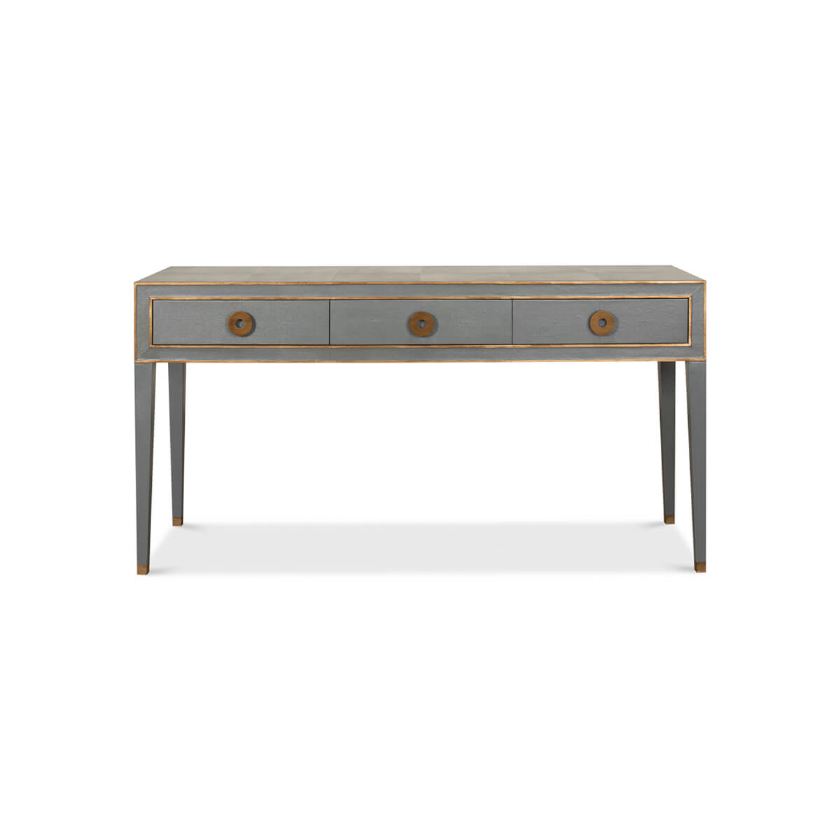 Front view of mid-century leather-wrapped console table.