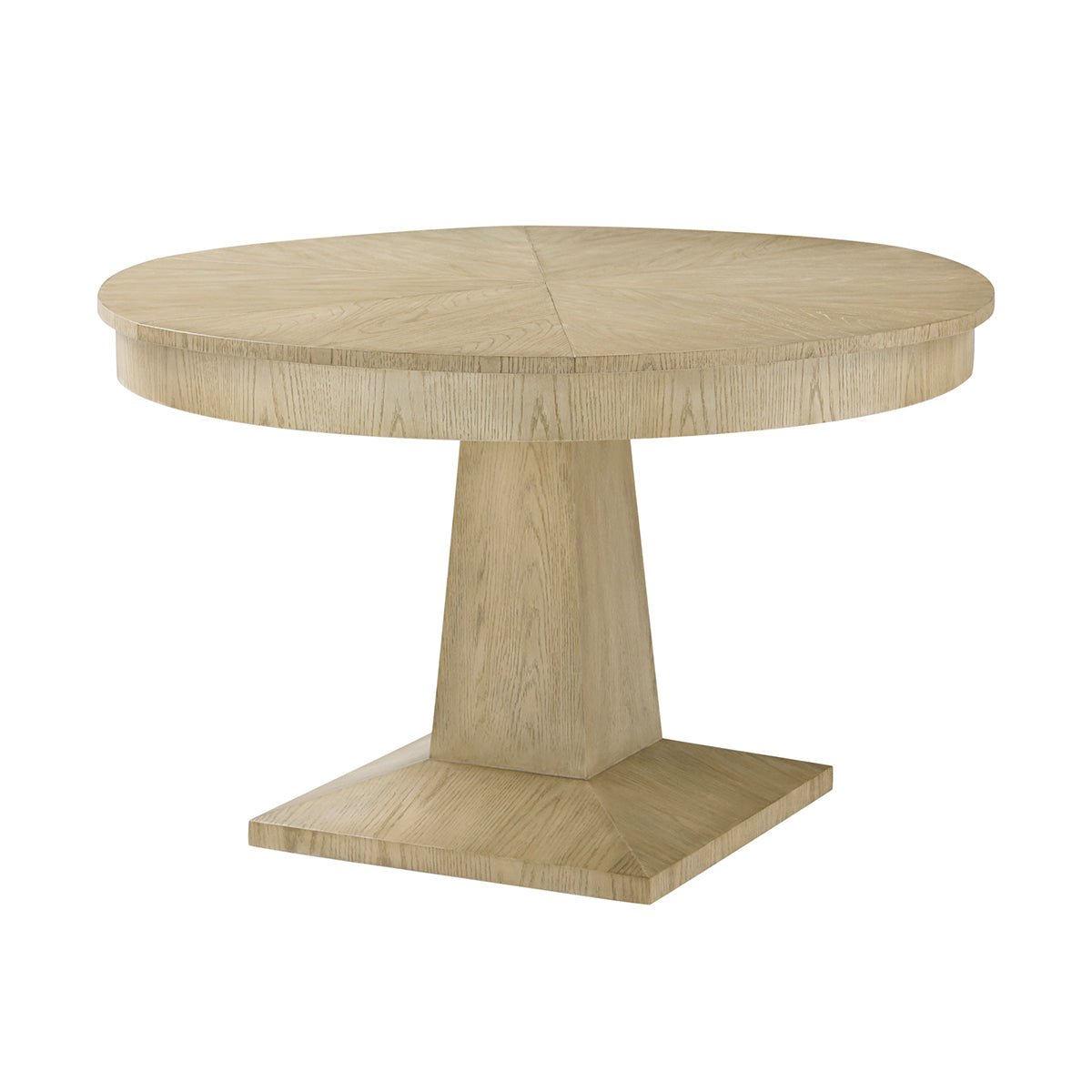 Oak dining table, angled view with pedestal base.