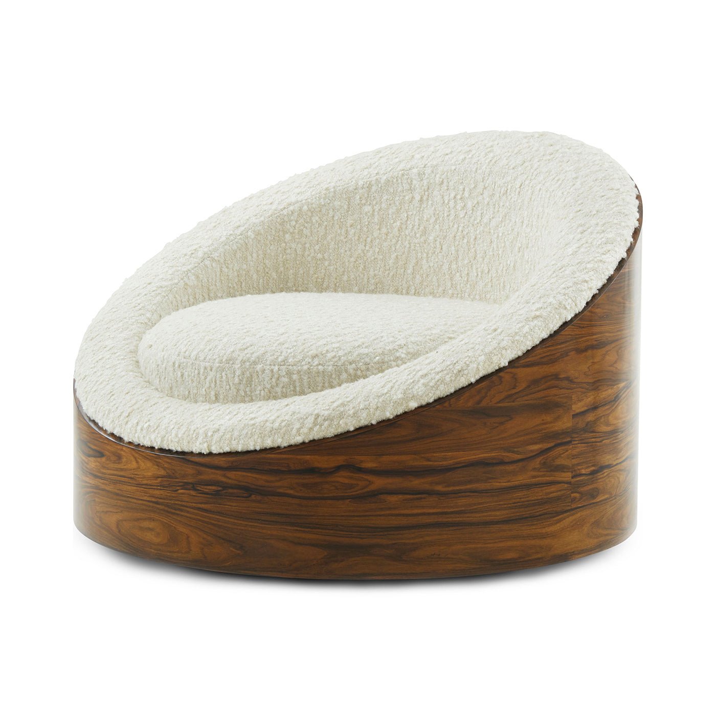Lounge chair, angled view, smooth wood and cushion.