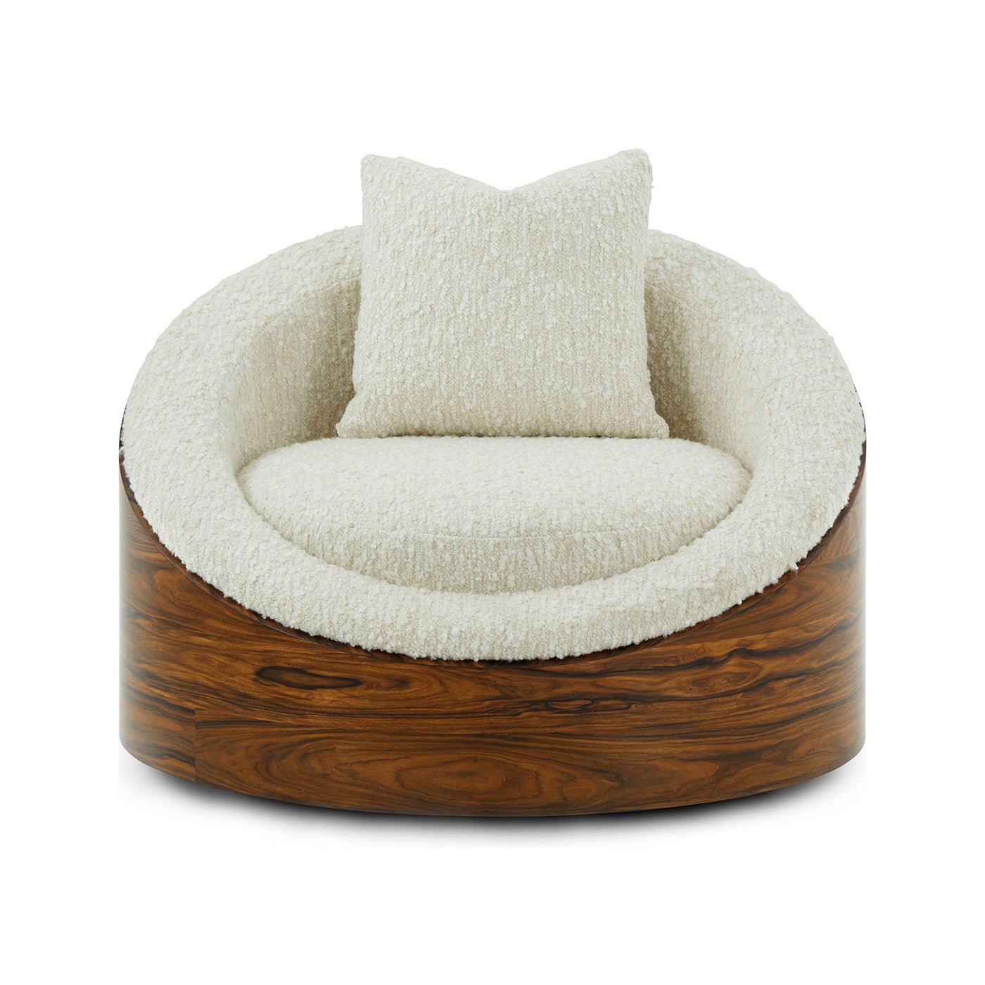 Lounge chair front view, wood base, plush cushion.