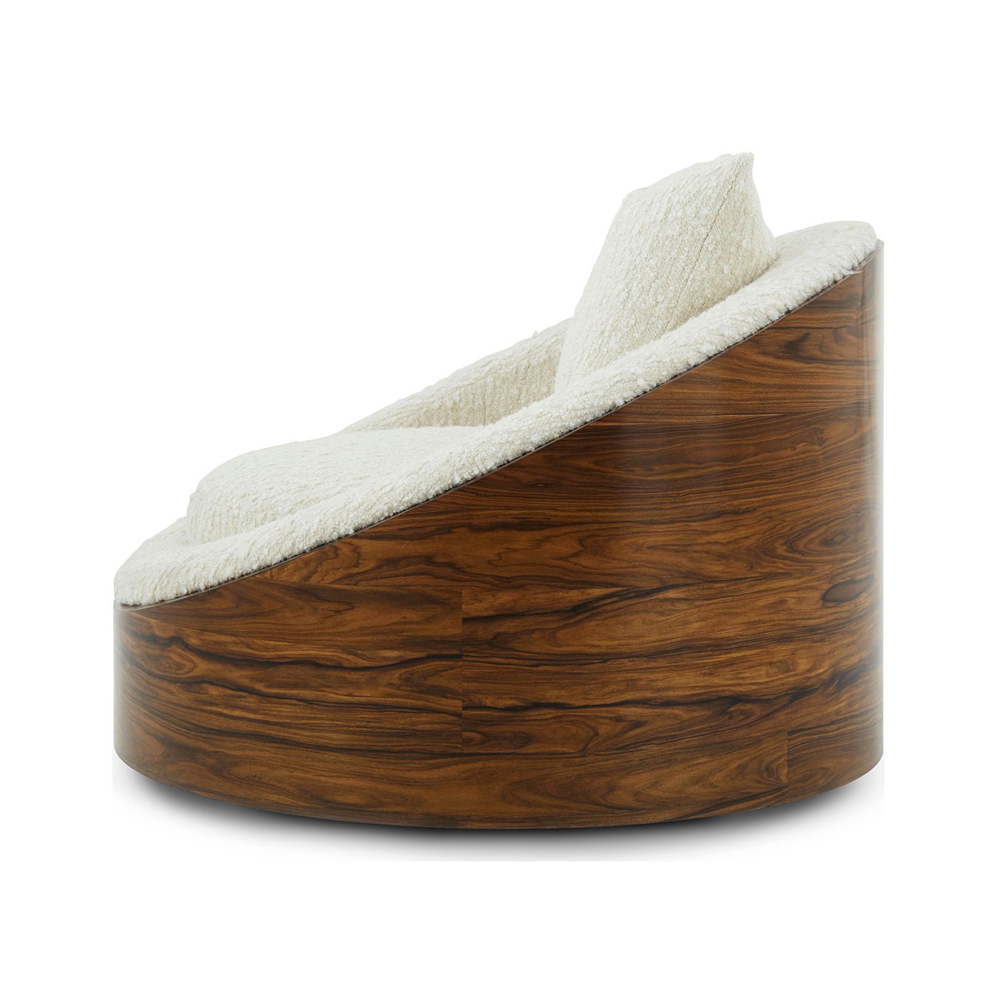 Side profile of lounge chair, wood finish.