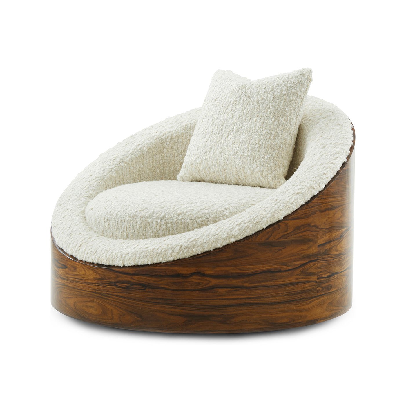 Modern lounge chair, wood base, white cushion, front view.