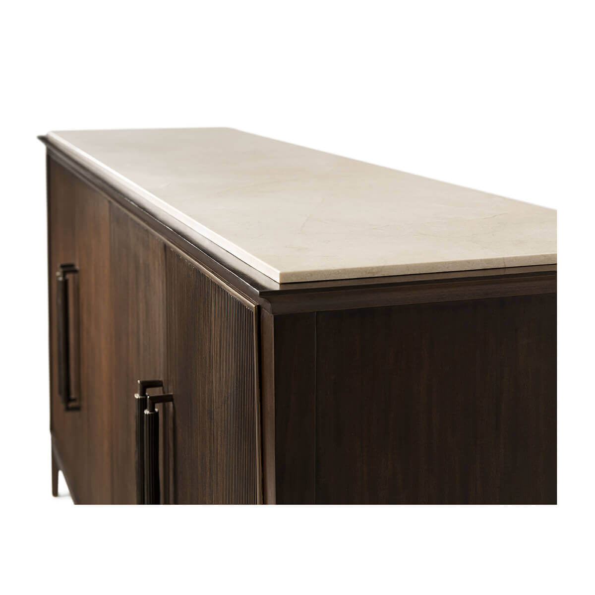 Close-up of marble top on mid-century buffet.