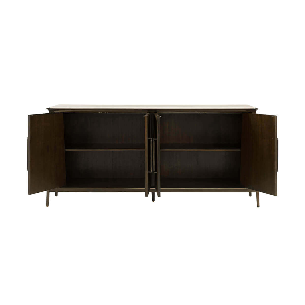 Open doors of mid-century buffet showing interior shelves.
