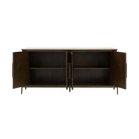 Open doors of mid-century buffet showing interior shelves.