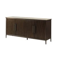 Angled view of mid-century marble top buffet.