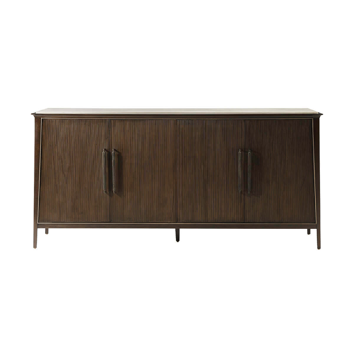 Front view of mid-century marble top buffet.