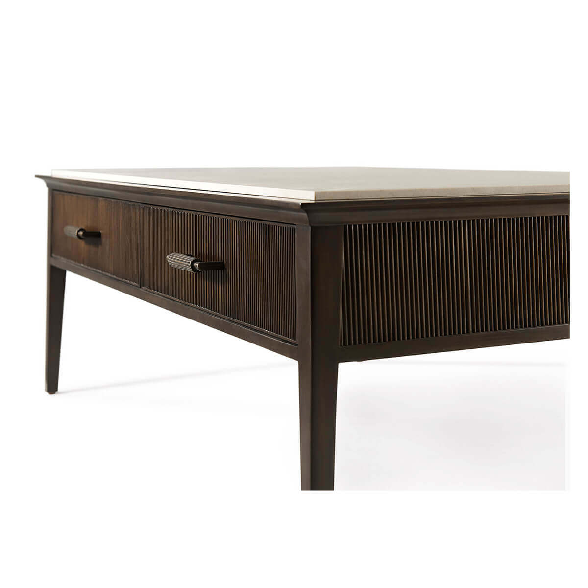 Angled view highlighting table drawers and design.