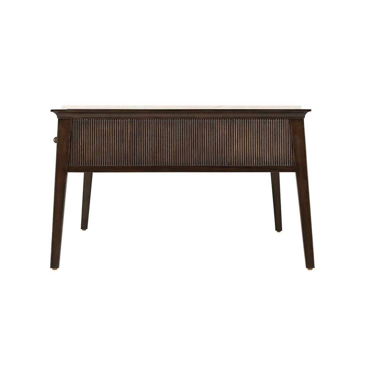 Side view showing table's ribbed wood details.