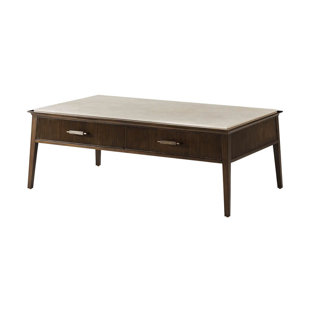 Mid-century marble top cocktail table perspective view.