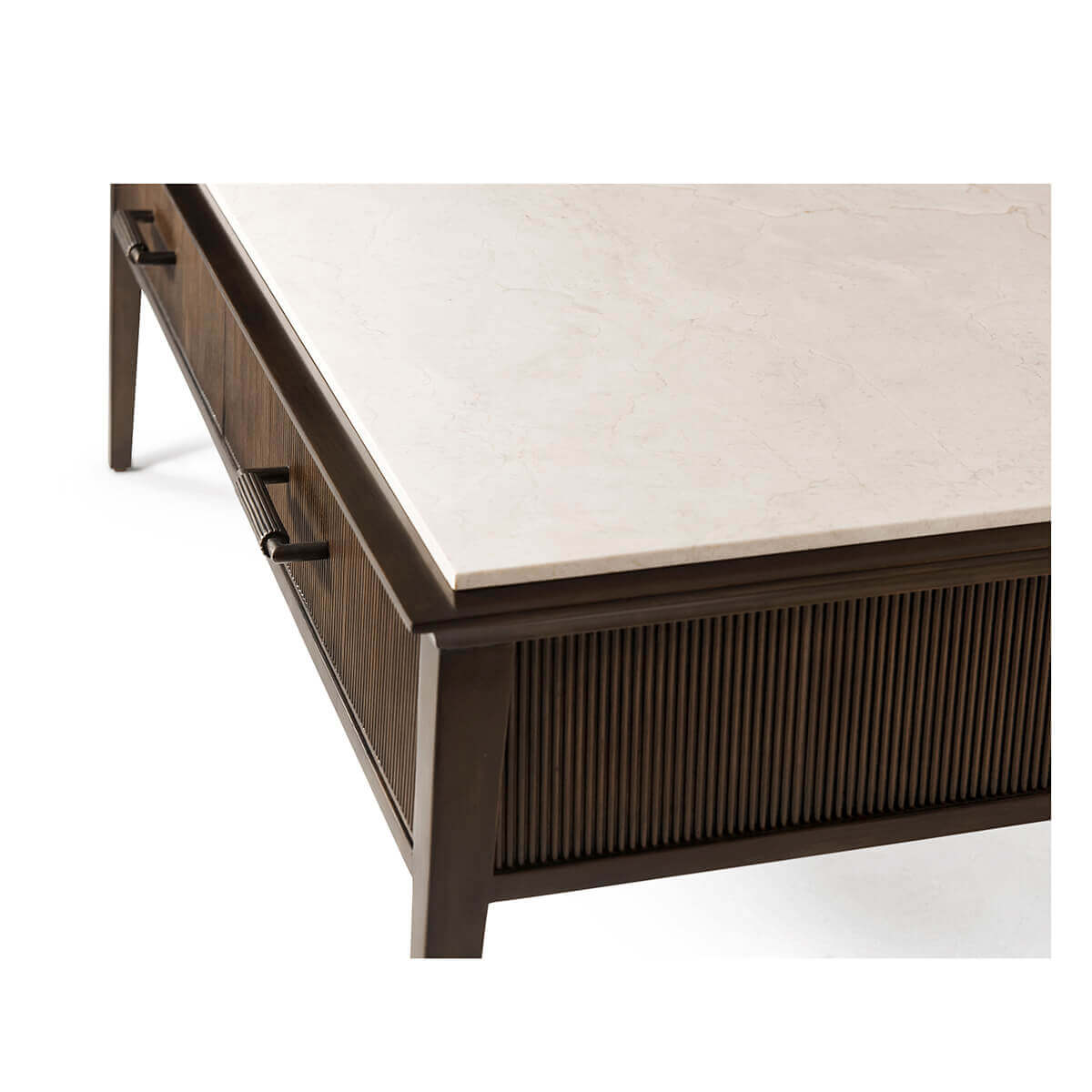 Close-up of marble top and wood finish.