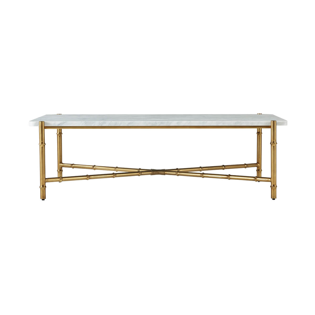 Front view of marble top coffee table, gold legs.