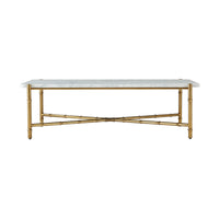 Front view of marble top coffee table, gold legs.