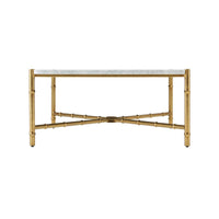 Side view of marble coffee table with detailed legs.