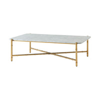 Marble top coffee table angled view with gold frame.