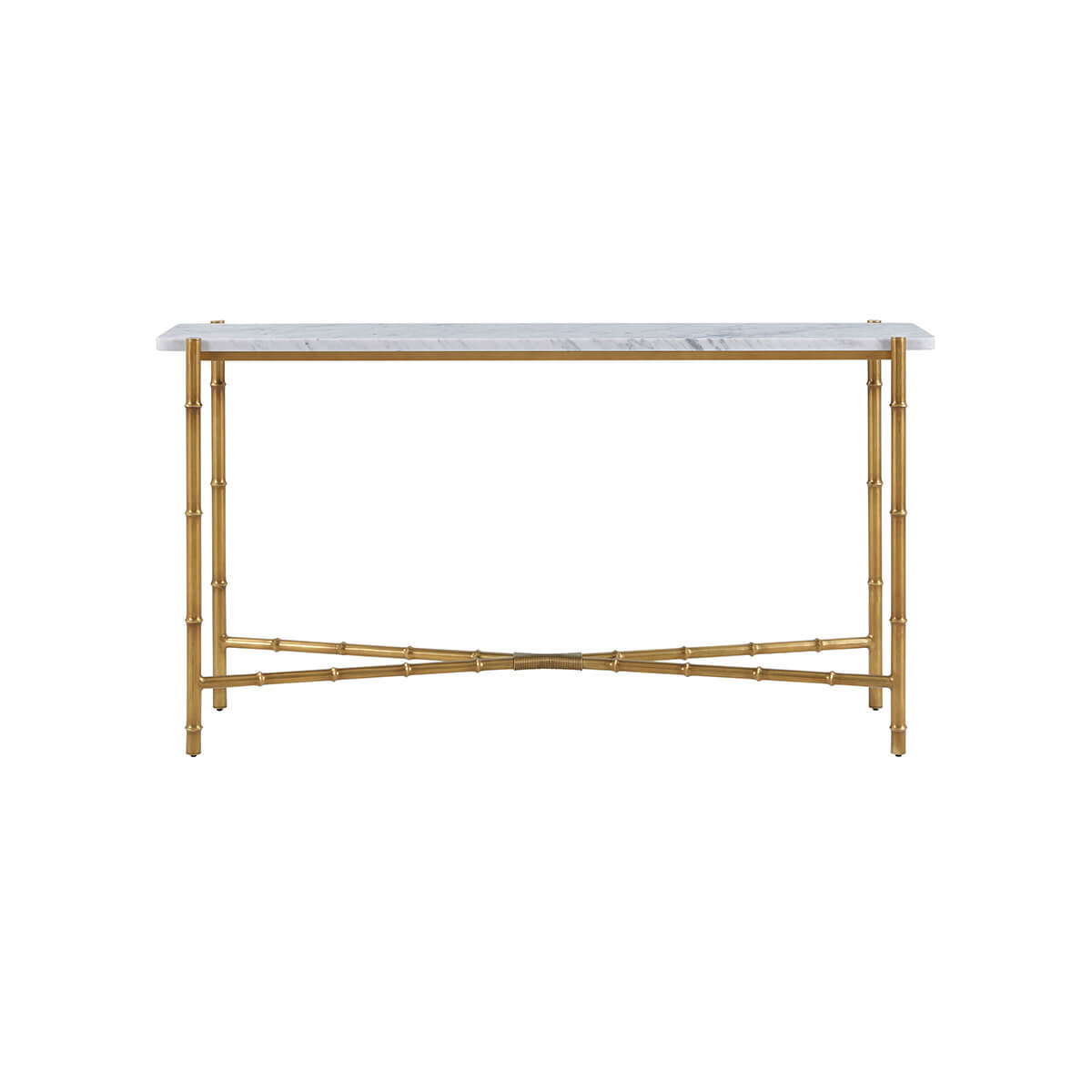 Front view of mid-century marble top console table.