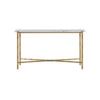 Front view of mid-century marble top console table.