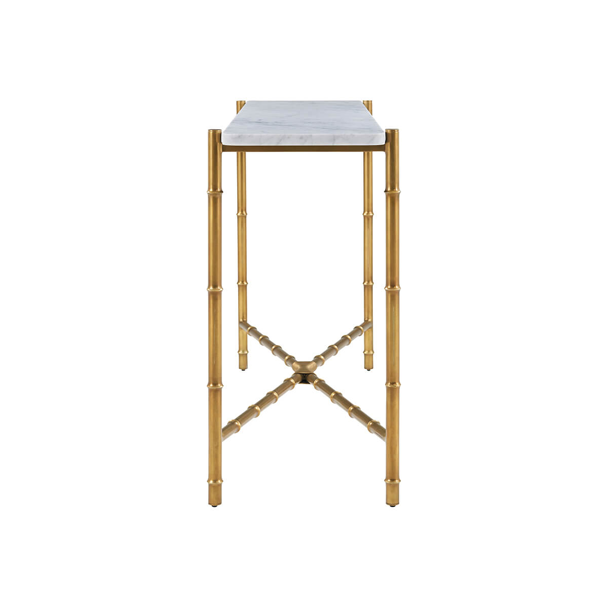 Side view of mid-century marble console table gold legs.