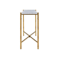 Side view of mid-century marble console table gold legs.