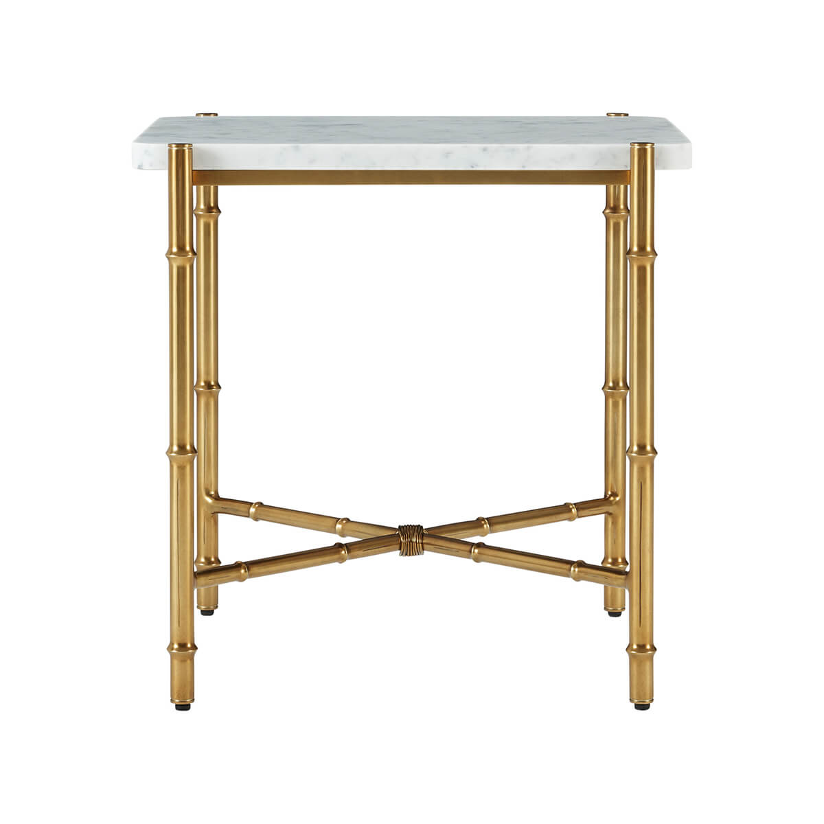 Front view of mid-century marble top end table.