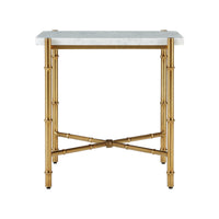 Front view of mid-century marble top end table.