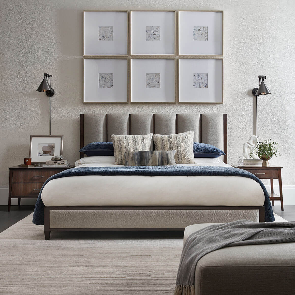 Bedroom setup with mid century side tables by bed.