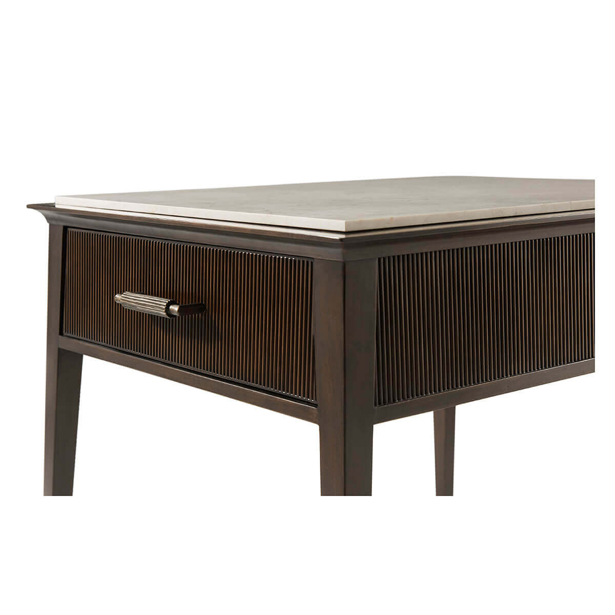 Detailed view of marble top and drawer handle.