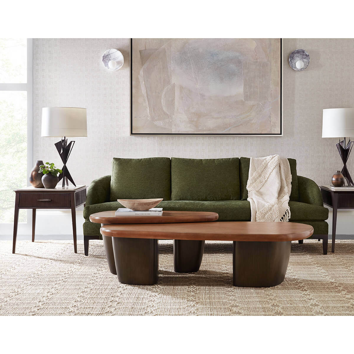 Living room scene featuring marble top side table.