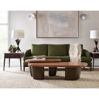 Living room scene featuring marble top side table.