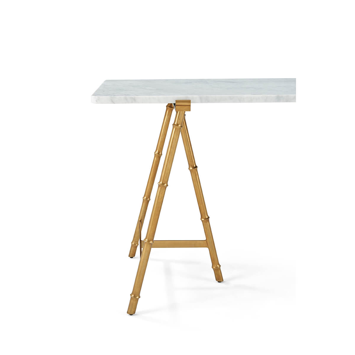 Writing table with marble top, angled side view.