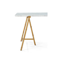 Writing table with marble top, angled side view.