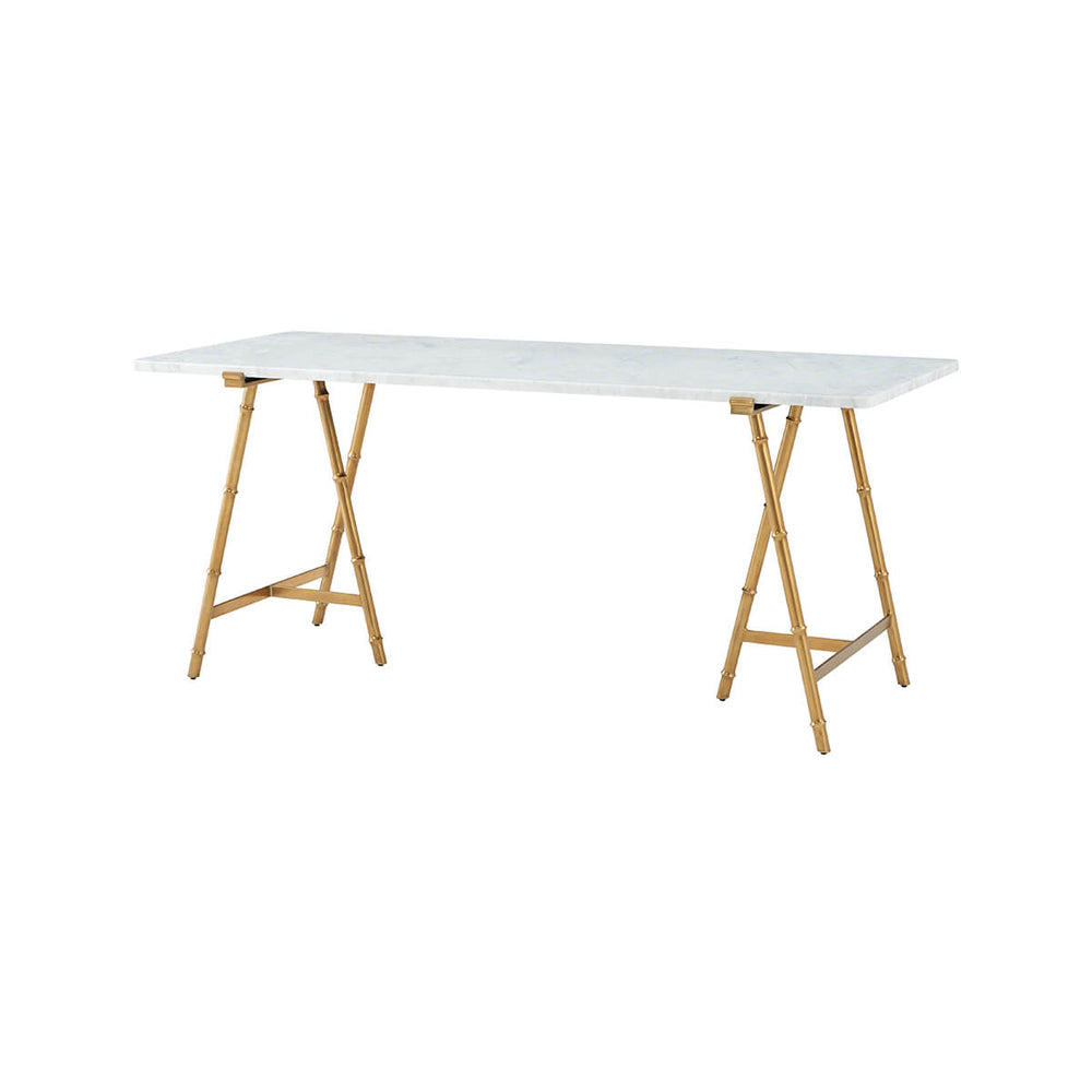 Mid-century marble writing table, angled front view.