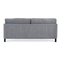 Mid-century gray sofa, back view.