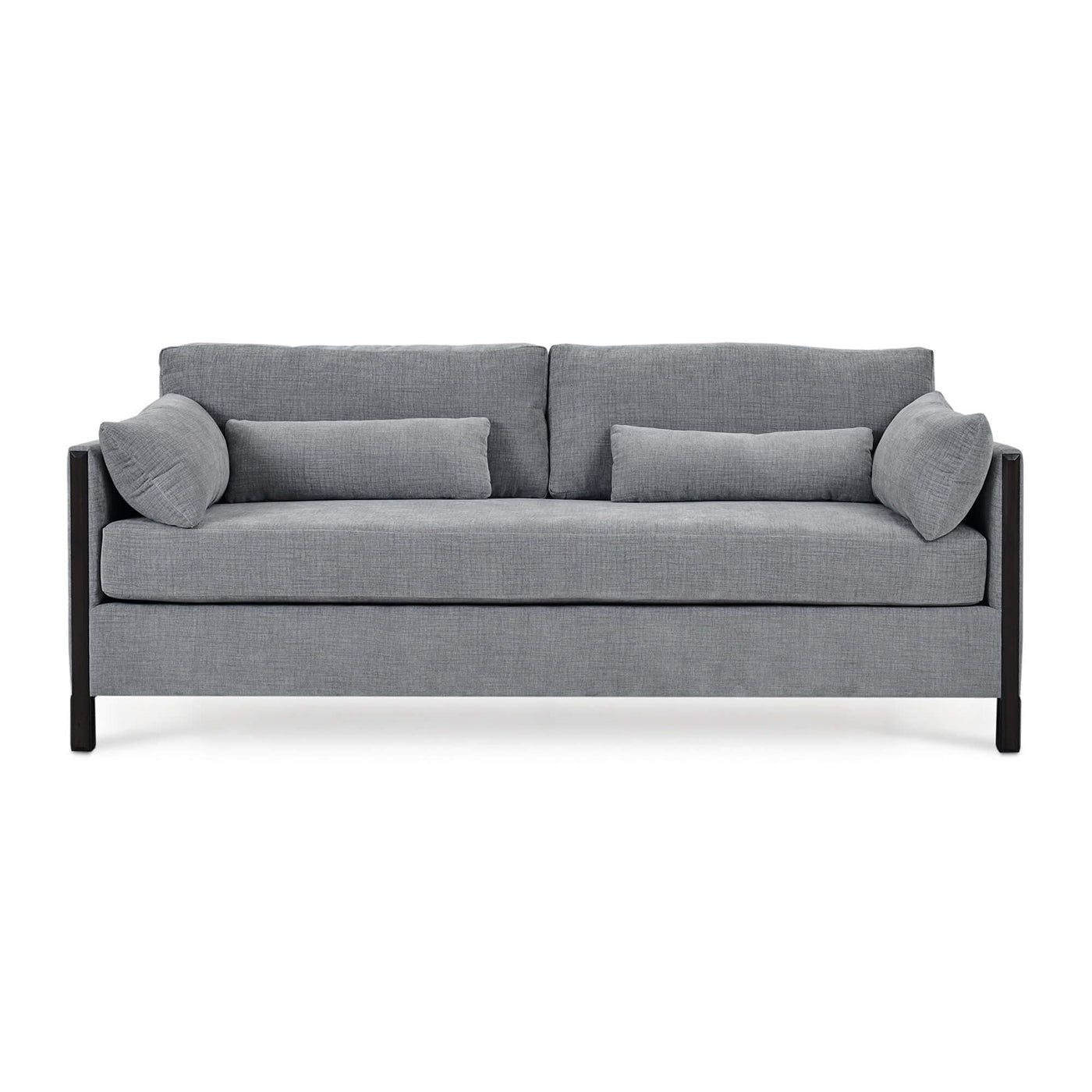 Mid-century gray sofa, front view.