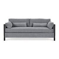 Mid-century gray sofa, front view.