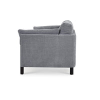 Mid-century gray sofa, side profile view.