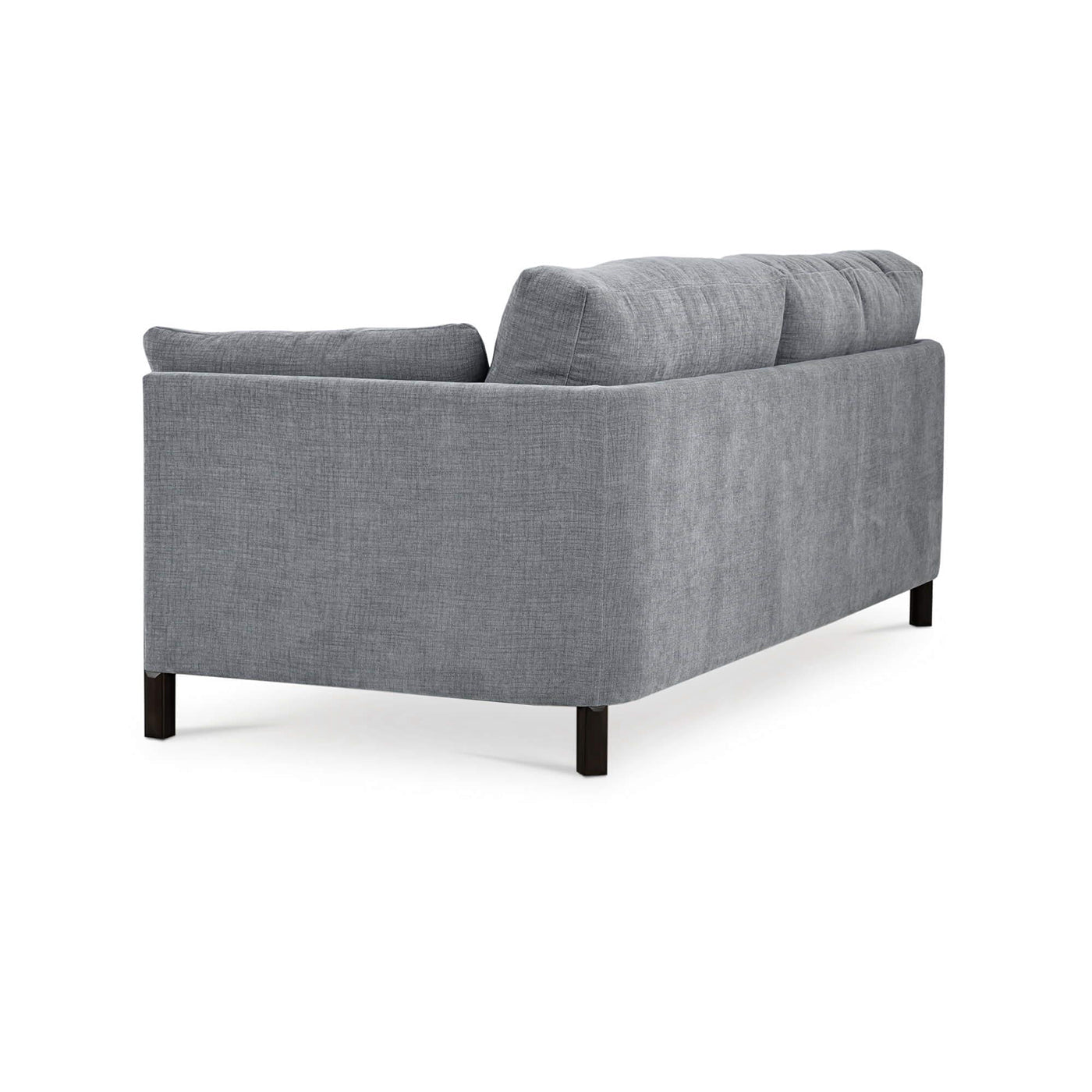 Mid-century gray sofa, rear angled view.