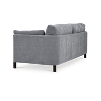 Mid-century gray sofa, rear angled view.