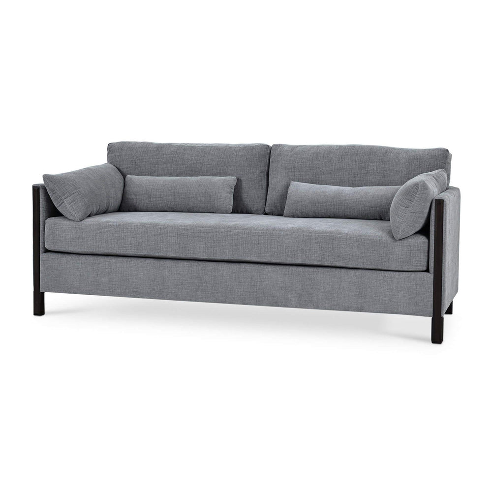 Mid-century gray sofa, front angled view.