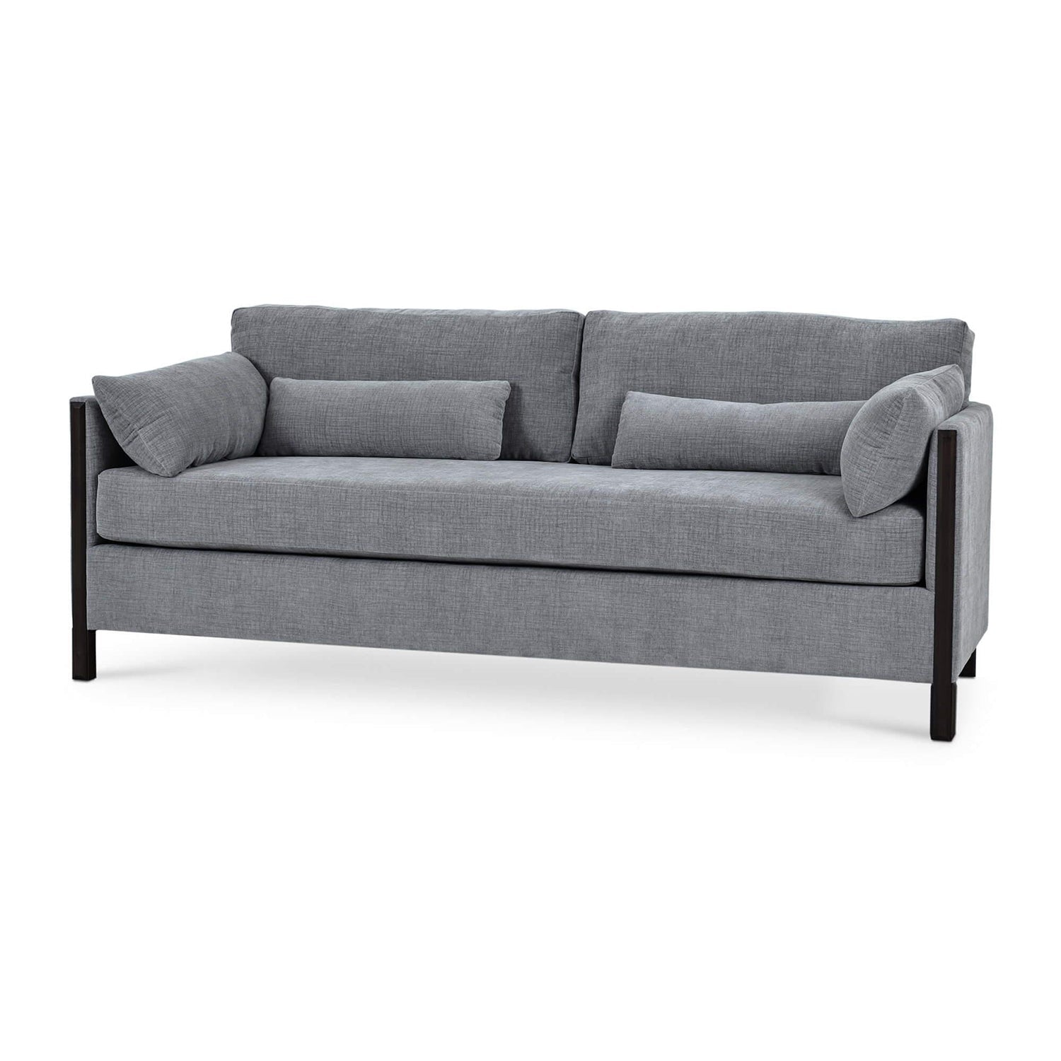 Mid-century gray sofa, front angled view.