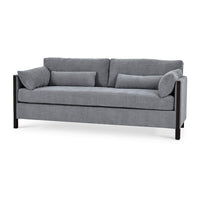 Mid-century gray sofa, front angled view.