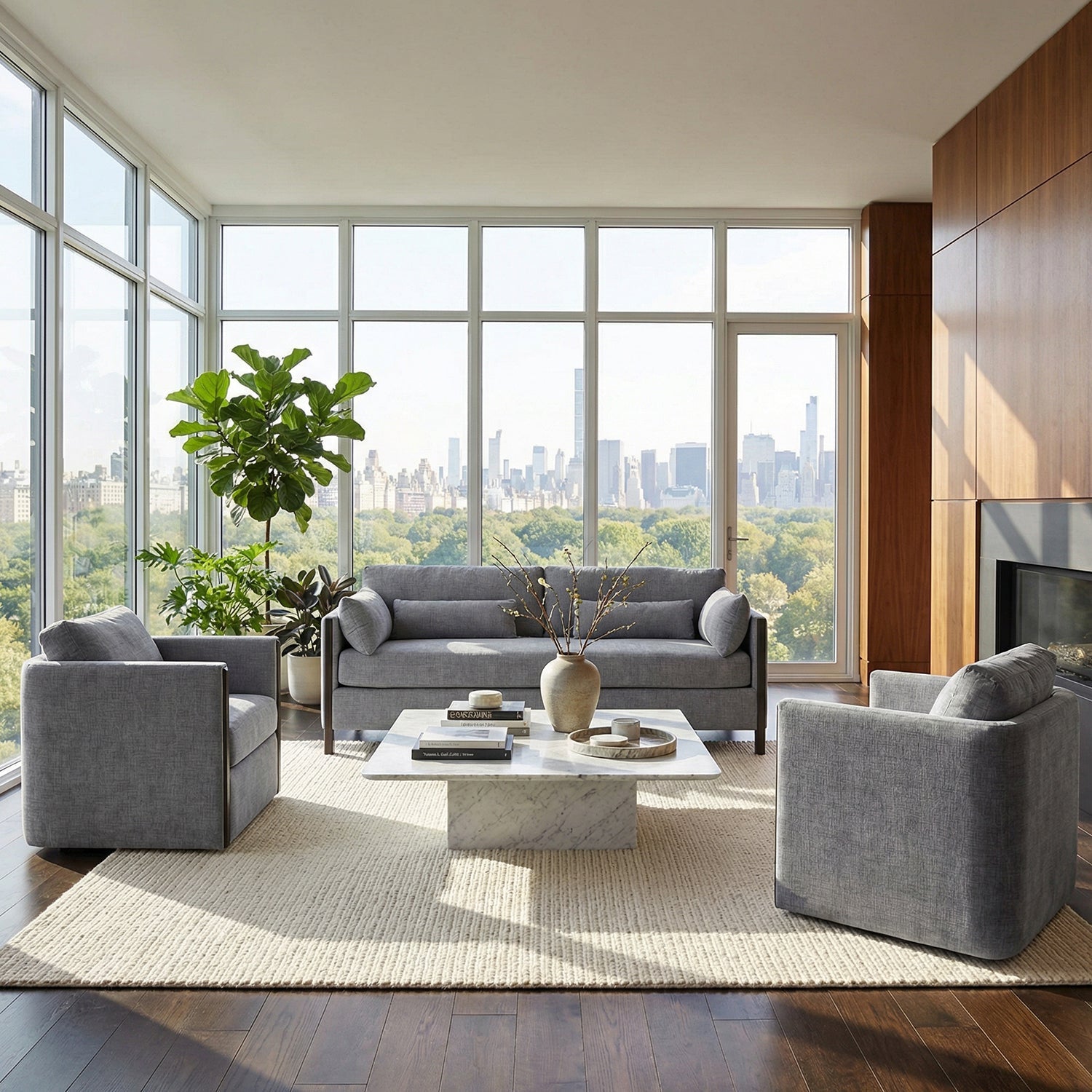 Mid-century gray sofa in modern living room.