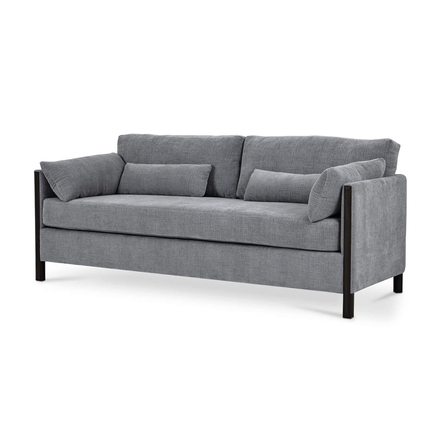 Mid-century gray sofa, another side angled view.