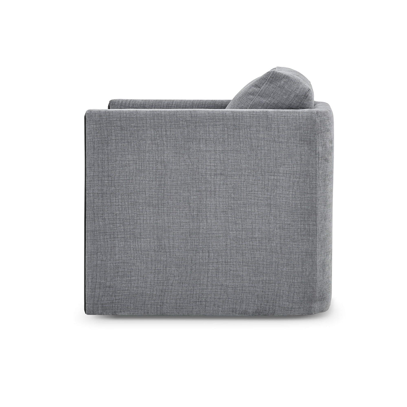 Gray upholstered swivel chair, side perspective.
