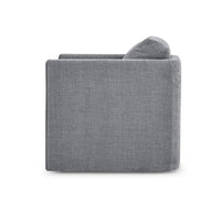 Gray upholstered swivel chair, side perspective.