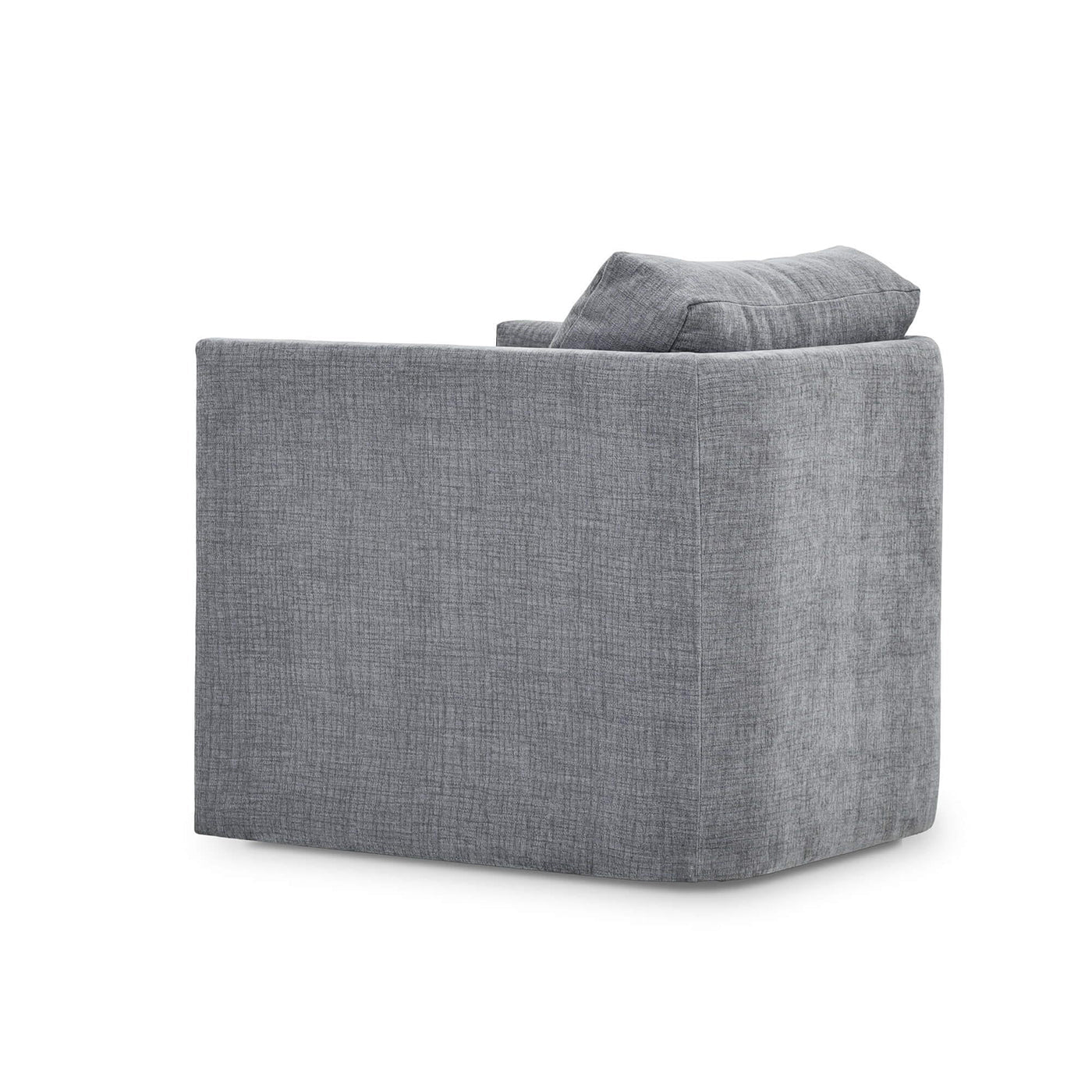 Back view of gray swivel chair, angled.