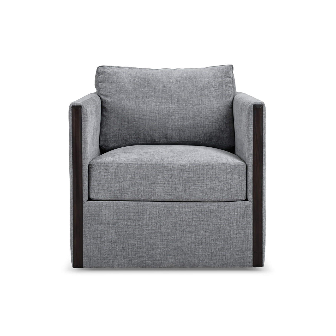 Gray upholstered swivel chair, front view.