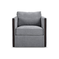 Gray upholstered swivel chair, front view.